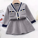 Kid Baby Girl Preppy Cable Knit Cardigan Button Decor V-neck 2 Pcs Sets