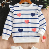 Kid Girls Striped Hearts Pattern Print Ruffle Long Sleeve Round Neck Shirts