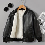 Kid Girls Boys Fleece Lined Faux-Leather Jacket Coats