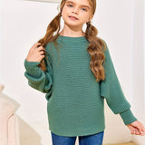 Kids Girl Cozy Oversized Batwing Crewneck Long Sleeve Sweaters