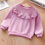 Kid Baby Girls Ruffled Strawberry Embroidery Crew Neck Sweatshirt