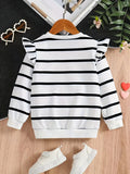 Kid Girls Striped Hearts Pattern Print Ruffle Long Sleeve Round Neck Shirts