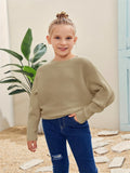 Kids Girl Cozy Oversized Batwing Crewneck Long Sleeve Sweaters