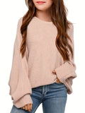 Kids Girl Cozy Oversized Batwing Crewneck Long Sleeve Sweaters