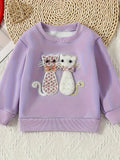 Kid Girls Cartoon Kitty Crew Neck Soft Slight Stretch Cotton Sweatshirt