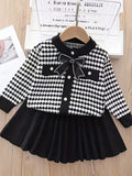 Kid Baby Girl Houndstooth Elegant Suit Long-Sleeve Bow Cardigan 2Pcs Sets