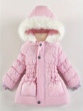 Kid Girls Warm Padded  Fur Collar Solid Cute Winter Coats Jacket