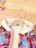 Kid Girls Teddy Fleece Colorful Cartoon Print Thick Winter Warm Zip Hooded Coat