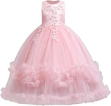 5-14Y Kid Flower Girls Princess Floral Boho Lace Embroidered Star Pageant Dresses for Kids Baby Party Wedding Puffy Communion Maxi Gown