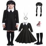 3-14Y Kid Girls Halloween Black Dress with Wig Necklace Cosplay Costume Set