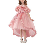 Girl's Princess Dress, Birthday Party, Pageant Gown - Ruffle Tulle Satin Princess Dresses with Kids Train