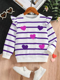 Kid Girls Striped Hearts Pattern Print Ruffle Long Sleeve Round Neck Shirts