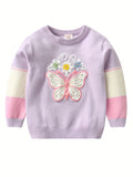 Kid Girl Delight Crew Neck Butterfly Embroidery Sweater Top