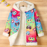 Kid Girls Teddy Fleece Colorful Cartoon Print Thick Winter Warm Zip Hooded Coat