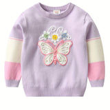 Kid Girl Delight Crew Neck Butterfly Embroidery Sweater Top