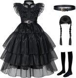 3-13Y Kid Girls Black Halloween Costume Dress with Wig Socks Cosplay Party Outfit
