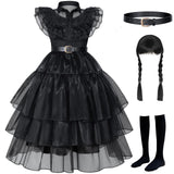 3-13Y Kid Girls Black Halloween Costume Dress with Wig Socks Cosplay Party Outfit