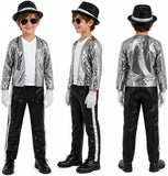 3-12Y Kid Boys Silver Pop Star Costume Sequin 5 Pcs Set