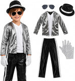 3-12Y Kid Boys Silver Pop Star Costume Sequin 5 Pcs Set