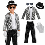 3-12Y Kid Boys Silver Pop Star Costume Sequin 5 Pcs Set