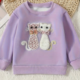 Kid Girls Cartoon Kitty Crew Neck Soft Slight Stretch Cotton Sweatshirt