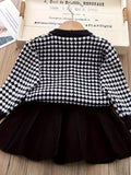 Kid Baby Girl Houndstooth Elegant Suit Long-Sleeve Bow Cardigan 2Pcs Sets