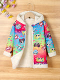 Kid Girls Teddy Fleece Colorful Cartoon Print Thick Winter Warm Zip Hooded Coat