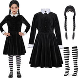 5-12Y Kid Girl Spooktacular Halloween Cosplay Collar Black Dress with Wig Skater