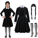 5-12Y Kid Girl Spooktacular Halloween Cosplay Collar Black Dress with Wig Skater