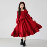 Kid Girl Long Sleeve Solid Color Square Neck Simple Dress