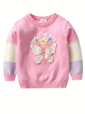 Kid Girl Delight Crew Neck Butterfly Embroidery Sweater Top