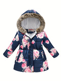 Kids Girls Floral Hooded Warm Snow Thermal Padded Outerwear Coats