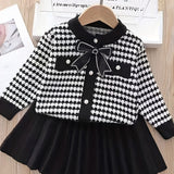 Kid Baby Girl Houndstooth Elegant Suit Long-Sleeve Bow Cardigan 2Pcs Sets