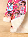 Kid Girls Teddy Fleece Colorful Cartoon Print Thick Winter Warm Zip Hooded Coat