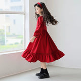 Kid Girl Long Sleeve Solid Color Square Neck Simple Dress