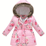 Kids Girls Floral Hooded Warm Snow Thermal Padded Outerwear Coats