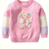 Kid Girl Delight Crew Neck Butterfly Embroidery Sweater Top