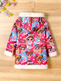 Kid Girls Teddy Fleece Colorful Cartoon Print Thick Winter Warm Zip Hooded Coat