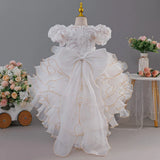 3-12T Kid Girl Birthday Puff Sleeve Train Princess Elegant Wedding Flower Carnival Dresses