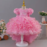 3-12T Kid Girl Birthday Puff Sleeve Train Princess Elegant Wedding Flower Carnival Dresses