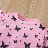 1-8Y Kid Baby Girls Autumn Winter Butterfly Print Flying Sleeves Long Sleeves 2 Pcs Set