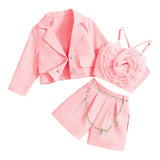 Kid Girls Suit Long-sleeved Flower Suspenders Shorts 3 Pcs Set