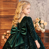 2-6Y Kid Baby Girls Sequined Velvet  Long Sleeve Big Bow Fluffy Princess Dresses