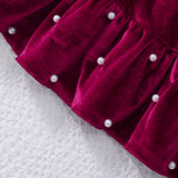 2-8Y Kid Girls Velvet Pearl Medium Long Christmas New Year Dresses