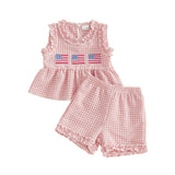 Baby Girl Summer Independence Day Flag Embroidered Sleeveless Top Shorts 2 pcs Sets