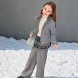 4-14T Kid Girl Fur Collar TikTok Design INS Style Zipper Suits 2 Pcs Set