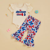 Independence Day Letter Embroidered Flying Sleeves Flared Short Sleeve Set 2 Pcs/Set