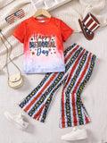 3-8T Kid Girls Summer English Graphic Star Stripe Print Flared 2 Pcs Set