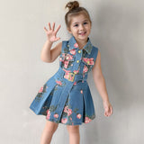 Kid Baby Girls Denim Floral Print Waist-cinched Lapel Vest Dress