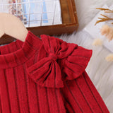 3-8Y Kid Girls Red Pit Strip Bow Fly-sleeved Suit 2 Pcs Set